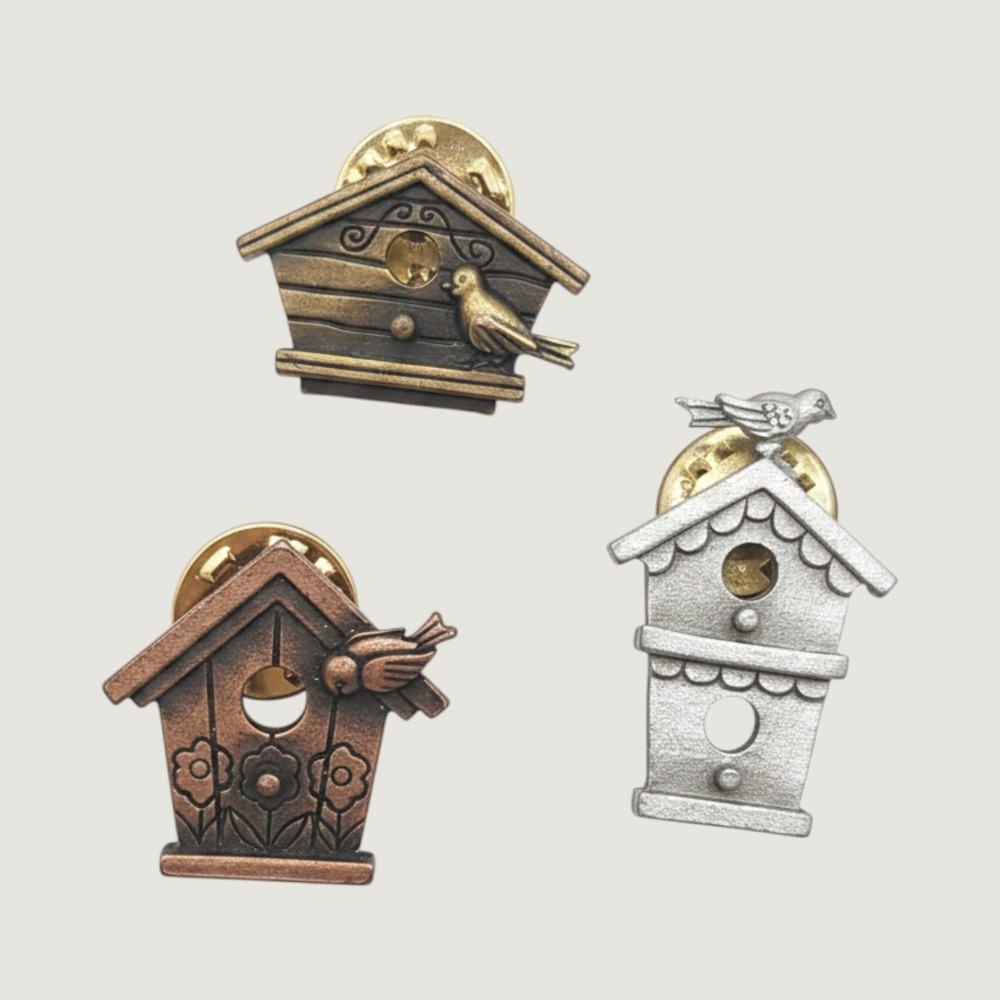 Vintage Birdhouse Pin Lot Birds Lover Mixed Metal 3pc JJ Cottagecore Collectible